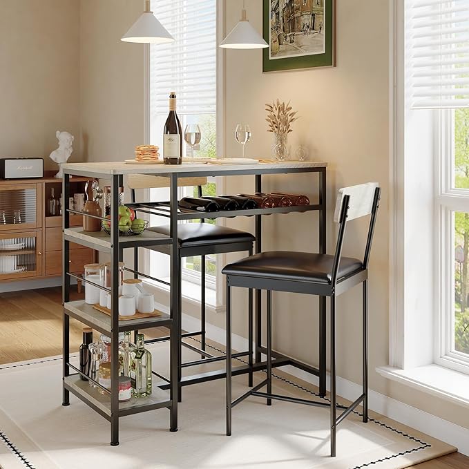 3-Piece Modern Dining Set, Dining Table Set with 2 Upholstered Bar Stools,Bar Table Set w/ Metal Frame&Built-in Wine Rack for Kitchen Dining Room Apartment Breakfast Nook 36"L x 16.7"W x 37.2"H Gray