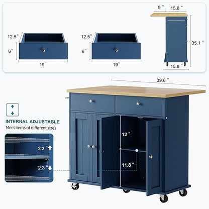 Shintenchi Kitchen Island with Drop Leaf, Rolling Kitchen Cart with Storage on Wheels, Table Bar Cart for Kitchen with Towel Rack & Seating Area for Dining Room, Blue