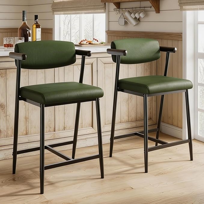 GarveeHome Counter Height Bar Stools Set of 8 with Armrests, 26" Upholstered 8pcs Tall Bar Stools Set, Long Backrest & Extra Thick Cushion, Modern High Barstools for Kitchen Island, Pub, Rustic Green