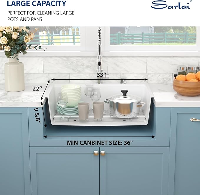 Sarlai 33 Inch Composite Granite Kitchen Sink Drop In - 33x22 Inch White Kitchen Sink Workstation Granite Topmount Sinks White Quartz Classic Above Counter Single Bowl Basin