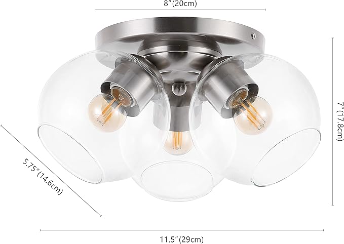 JONATHAN Y 11.5" Nickel/Clear 3-Light Semi Flush Mount Ceiling Light, Farmhouse Rustic Iron Fixture for Kitchen Bedroom, Clear Glass Shade, LED Bulbs Included (JYL7568B)