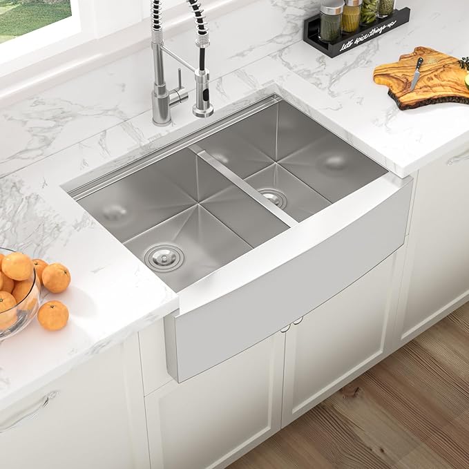 Sarlai 30 Stainless Farmhouse Sink Double Bowl - 30x22 Inch Apron Front Kitchen Sink Ledge Workstation Double Bowl 60/40 Low Divide Farmer Kitchen Sinks 16 Gauge Stainless Steel Basin