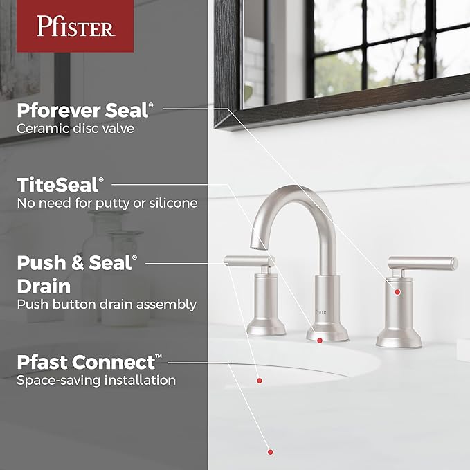 Pfister Capistrano Widespread Bathroom Sink Faucet 8 in 3 Hole 2 Handle Brushed Nickel Vanity Faucet with Push & Seal Drain NSF Certified TiteSeal Mount LF049CSOGS