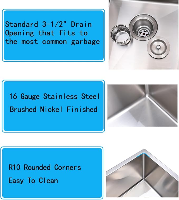 15 Inch Undermount Bar Sink, 15x17 Stainless Steel Small Wet Bar Sink 16 Gauge Handmade Prep Sink Single Bowl Small RV Kitchen Prep Sink with Strainer