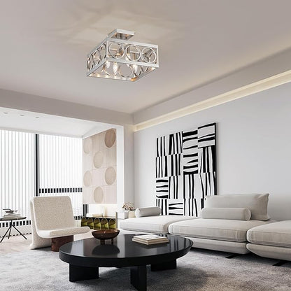 XINGQI Brushed Nickel Ceiling 4-Light 13'' Modern Semi Flush Mount Ceiling Light Fixture Rustic Chandelier Ceiling Lamp for Bedroom Living Dining Room with Square Metal Shade, E12 Bulbs