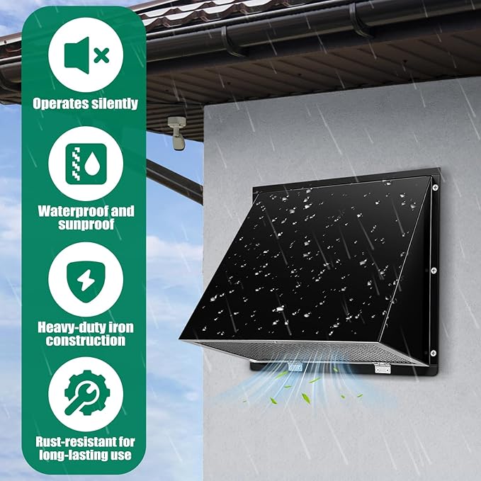 Black 10 Inch Hooded Wall Vent with Screen and Damper Exterior Exhaust Vent Cover Cap