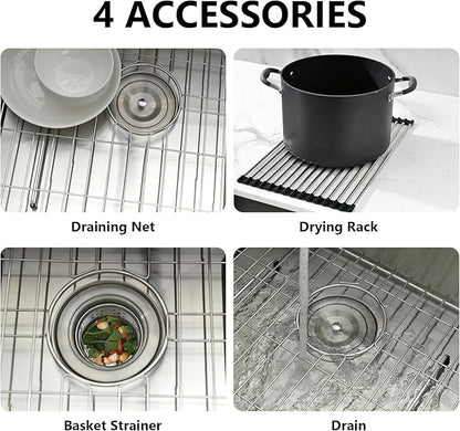 PEPO 23 Inch Undermount Kitchen Sink 23x18 16 Gauge Stainless Steel Single Bowl Small Bar Sink with Drain and Bottom Grid