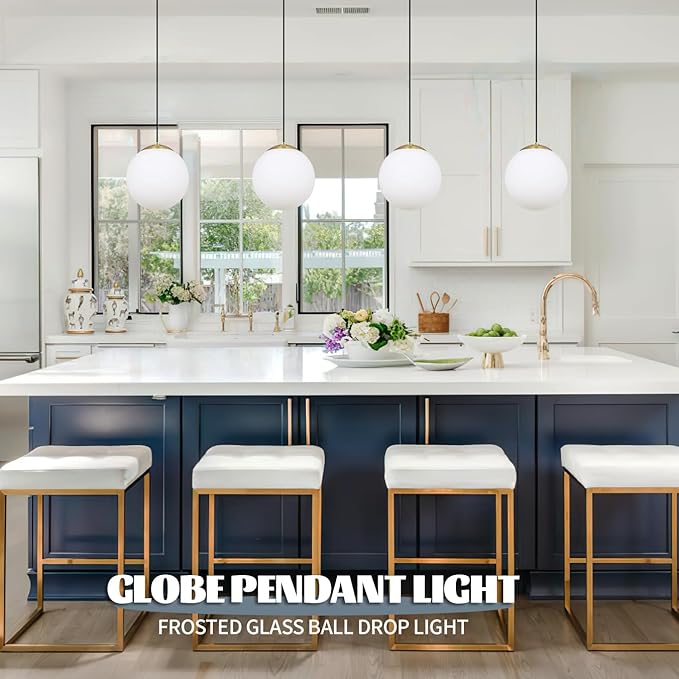 KoKo&Yukina 6-inch mini Modern Globe Pendant Light Opal Glass with Brass Finish Contemporary Mid Century Adjustable Hanging Light Fixture Mid Century Pendant Light for Living Room Bedroom Kitchen