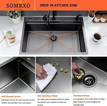 33×22 Black Waterfall Sink with Faucet Combo - 33×22 Drop In Sink with Faucet,16 Gauge Black Stainless Steel Waterfall Kitchen Sinks,10 Inch Deep Single Bowl Workstation Smart Kitchen Sinks