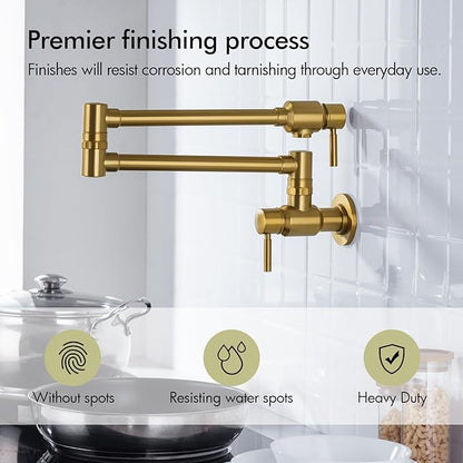 Wall Mount Spout Cold Water Only Double Lever Handle Brushed Brass Kitchen Sink Faucet Stove, Pot Filler Faucet with Dual Joint Swing Armk Sink Faucet, Brushed Old Gold-PVD
