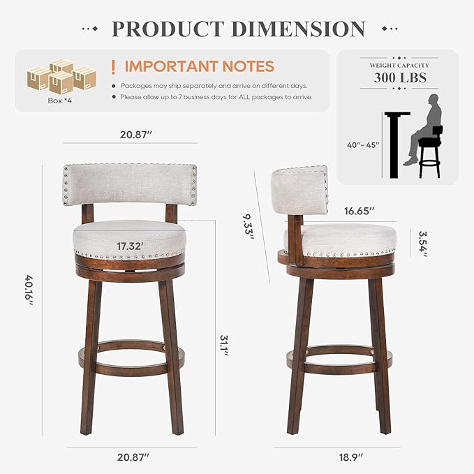 COLAMY Swivel Bar Stools Set of 4, Swivel Counter Height Barstools, 30 Inch Upholstered Barstools for Kitchen Island Dining Room Bar, Beige