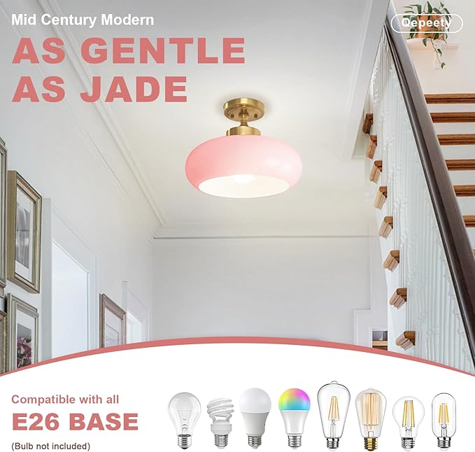Mid Century Modern Flush Mount Ceiling Light Vintage Pink Close to Ceiling Light Fixtures Overhead Light Gold Glass Chandelier for Kids Room Hallway Living Room Kitchen