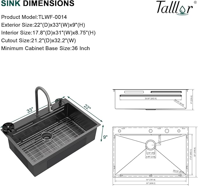 33" Drop-In Single Bowl Black Kitchen Sink with Faucet, Gunmetal Black 16 Gauge 304 Stainless Steel Workstation Sink with Cup Washer, Waterfall Outlet and Four-Hole Configuration #TLWF-0027