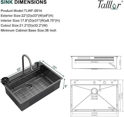 33" Drop-In Single Bowl Black Kitchen Sink with Faucet, Gunmetal Black 16 Gauge 304 Stainless Steel Workstation Sink with Cup Washer, Waterfall Outlet and Four-Hole Configuration #TLWF-0027