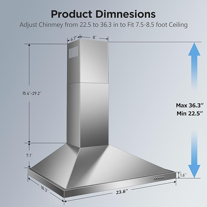 24 Inch Range Hood, Wall Mount Vent Hood in Stainless Steel with Ducted/Ductless Convertible Duct, 3 Speed Exhaust Fan, Energy Saving LED Light, Push Button Control, 2 Pcs Baffle Filters