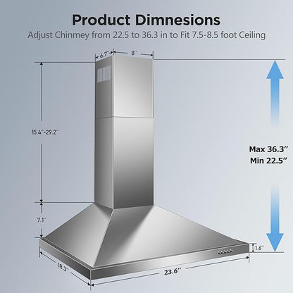 24 Inch Range Hood, Wall Mount Vent Hood in Stainless Steel with Ducted/Ductless Convertible Duct, 3 Speed Exhaust Fan, Energy Saving LED Light, Push Button Control, 2 Pcs Baffle Filters