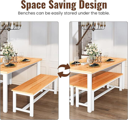 Lamerge Dining Room Table Set with 2 Benches, Dining Table Set for 4-6, Kitchen Table Set for Home Kitchen, Dining Room, Restaurant, Space Saving, Rustic, 3 Pieces Dining Furniture Set (04-Beige)
