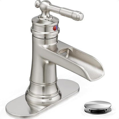 Brass Brushed Nickel Bathroom Faucet, Waterfall Faucet for Bathroom Sink 1 Hole or 4 Inch 3 Holes, One Handle with Deck Plate, Pop Up Drain & cUPC Supply Hoses for Modern Lavatory RV Washroom