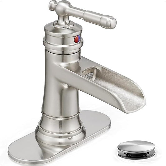 Brass Brushed Nickel Bathroom Faucet, Waterfall Faucet for Bathroom Sink 1 Hole or 4 Inch 3 Holes, One Handle with Deck Plate, Pop Up Drain & cUPC Supply Hoses for Modern Lavatory RV Washroom