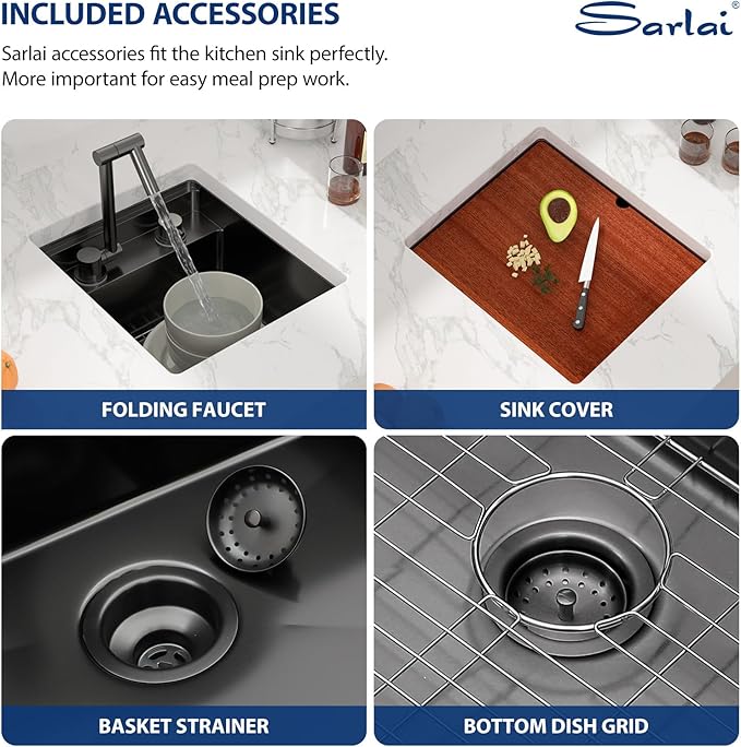 Sarlai Black Undermount Bar Sink - 15x17 Inch Outdoor Kitchen Sink RV Workstation Gunmetal Black 16 Gauge Stainless Steel Single Bowl Handmade Outdoor BBQ Sinks With Foldable Faucet
