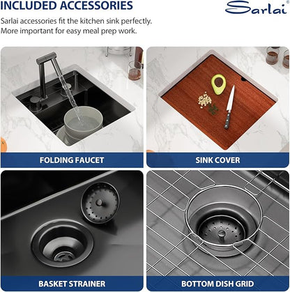 Sarlai Black Undermount Bar Sink - 15x17 Inch Outdoor Kitchen Sink RV Workstation Gunmetal Black 16 Gauge Stainless Steel Single Bowl Handmade Outdoor BBQ Sinks With Foldable Faucet