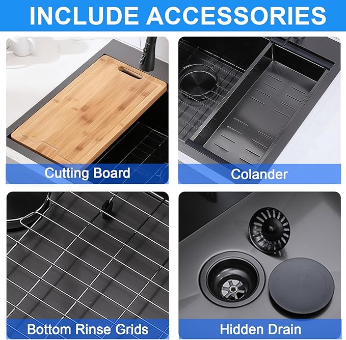 33x22 Drop In Kitchen Sinks Black, Gunmetal Black Stainless Steel Workstation 16Guage Topmount Single Bowl 9 Inch Deep Sink for Kitchen with Integrated Accessories and Features