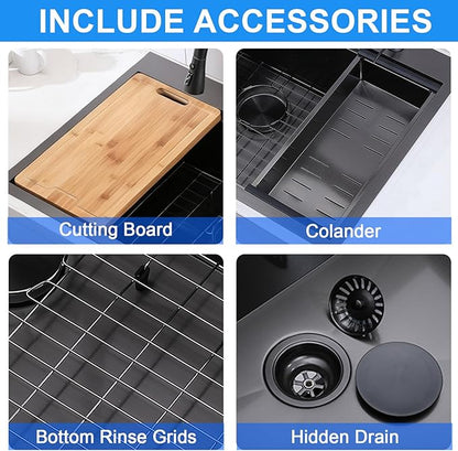 33x22 Drop In Kitchen Sinks Black, Gunmetal Black Stainless Steel Workstation 16Guage Topmount Single Bowl 9 Inch Deep Sink for Kitchen with Integrated Accessories and Features
