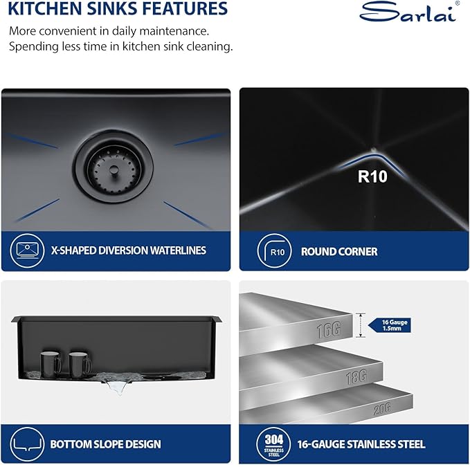 Sarlai 30 Matte Black Undermount Kitchen Sink Workstation - 30x18 Inch Kitchen Sinks with Ledge NANO-Tech Round Corner 16 Gauge Stainless Steel Single Bowl Sink Basin