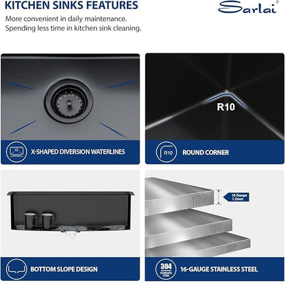 Sarlai 30 Matte Black Undermount Kitchen Sink Workstation - 30x18 Inch Kitchen Sinks with Ledge NANO-Tech Round Corner 16 Gauge Stainless Steel Single Bowl Sink Basin
