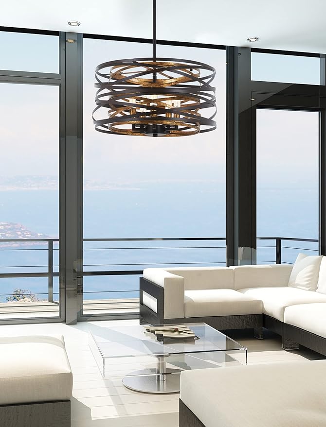 Minka Lavery 4675-111 Vortic Flow Convertible Pendant to Semi-Flush, 5-Light, 300 Total Watts, 16-in H x 9-in W, Dark Bronze with Mosaic Gold Interior