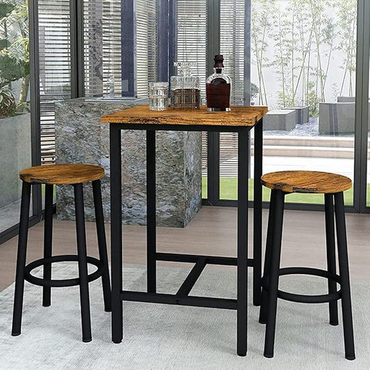 Recaceik 3 Piece Pub Dining Set, Modern bar Table and Stools for 2 Kitchen Counter Height Wood Top Bistro Easy Assemble for Breakfast Nook Living Room Small Space Restaurant, Rustic Brown 24”*