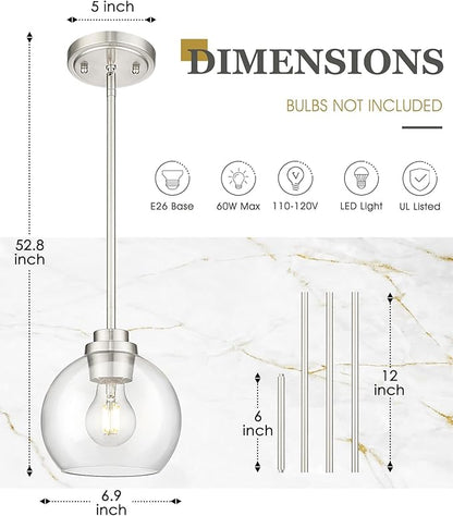 Pendant Lights Kitchen Island 2 Pack, 7" Modern Brushed Nickel Hanging Lights Fixtures with Clear Glass Globe Shade, Kitchen Island Lighting for Bathroom, AD-22280-1P2-SN-C