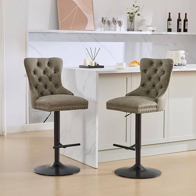 Aged and Retro PU Swivel Bar stools Adjusatble Seat Height from 26 33 Inch, Bar Stools with Backs Comfortable Tufted for Home Pub and Kitchen Island (Olive Green,Set of 2)