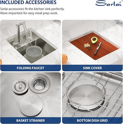 Sarlai Undermount Bar Sink With Foldable Faucet - 13x15 Inch Outdoor Kitchen Sink RV Workstation 16 Gauge Stainless Steel Single Bowl Handmade Outdoor BBQ Sinks