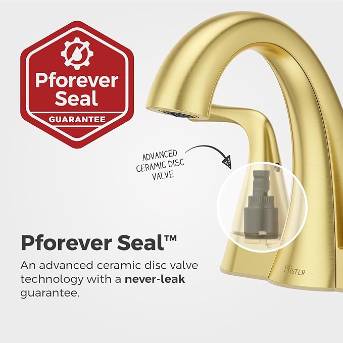 Pfister Willa Bathroom Sink Faucet 4 inch Centerset 2-Handle 3-Hole Vanity Faucet NSF Certified Brushed Gold Finish with Push & Seal Drain and TiteSeal Mounting Technology LF048MALBG