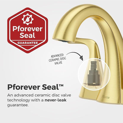 Pfister Willa Bathroom Sink Faucet 4 inch Centerset 2-Handle 3-Hole Vanity Faucet NSF Certified Brushed Gold Finish with Push & Seal Drain and TiteSeal Mounting Technology LF048MALBG