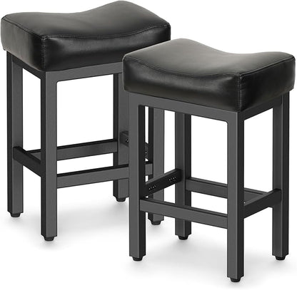 Raynesys Counter Height Bar Stools Set of 2, 24 Inch Barstools for Kitchen Island Counter, Bonded Leather Kitchen Stools with Thick Saddle Seats & Heavy Duty Metal Base, Easy Assembly, All Black