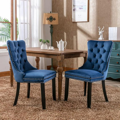 INCLAKE Dining Chairs Set of 2, Velvet Upholstered Dining Room Side Chairs with Button Tufted Back, Nailhead Trim & Wooden Legs, Modern Counter Height Bar Stools for Home Kitchen Island, Blue