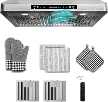 30 inch Stainless Steel Under Cabinet Range Hood - 900 CFM, Gesture Control, Ultra-Quiet 4-Speed Vent, LED Lights, External Venting