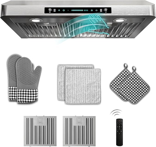30 inch Stainless Steel Under Cabinet Range Hood - 900 CFM, Gesture Control, Ultra-Quiet 4-Speed Vent, LED Lights, External Venting