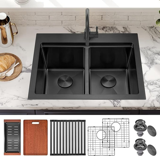 MILOSEN 26 Inch Black Double Bowl Kitchen Sink, Black Drop in 16 Gauge T304 Stainless Steel Sinks, Workstation Sink 50/50 Topmount Double Basin with Accessories, 10'' Deep Laundry Outdoor Sinks