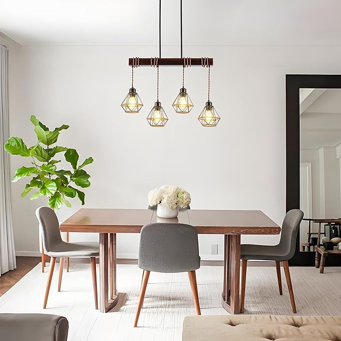 4 Light Kitchen Island Lighting, Farmhouse Chandeliers for Dining Room Light Fixtures Over Table, Modern Wood Pendant Lights Kitchen Island with Metal Lampshade