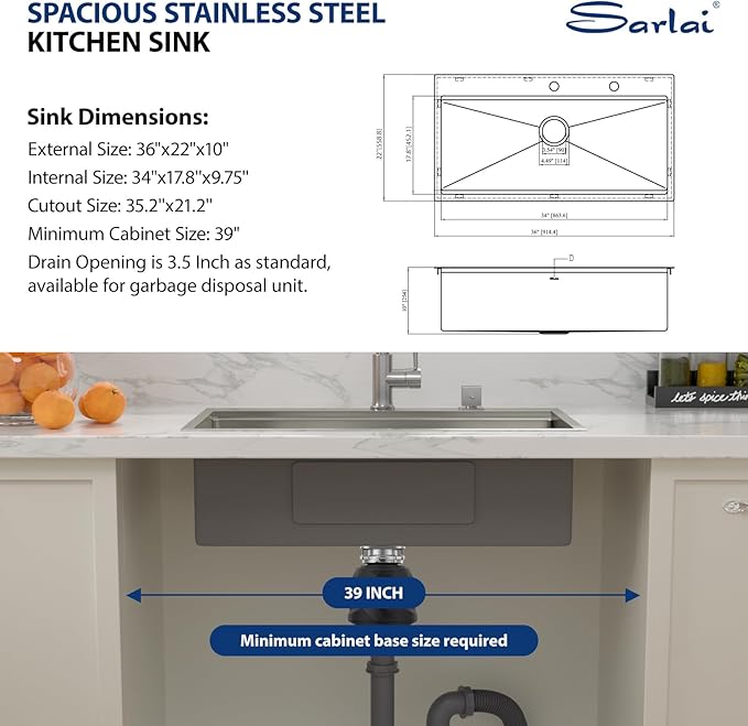 Sarlai 36 Inch Drop In Kitchen Sink - 36x22 Drop Kitchen Sink Ledge Workstation 16 Gauge Stainless Steel Sink Topmount Single Bowl Over Counter Kitchen Sinks Basin Round Corners