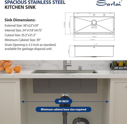Sarlai 36 Inch Drop In Kitchen Sink - 36x22 Drop Kitchen Sink Ledge Workstation 16 Gauge Stainless Steel Sink Topmount Single Bowl Over Counter Kitchen Sinks Basin Round Corners