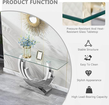 HomVent 55.12" Glass Console Table, Living Room Entry Tables, Modern Narrow Silver Tempered Glass Top Side Tables Bedroom, Rectangle Bedside Eating Tables for Home Office with Stainless Steel Base