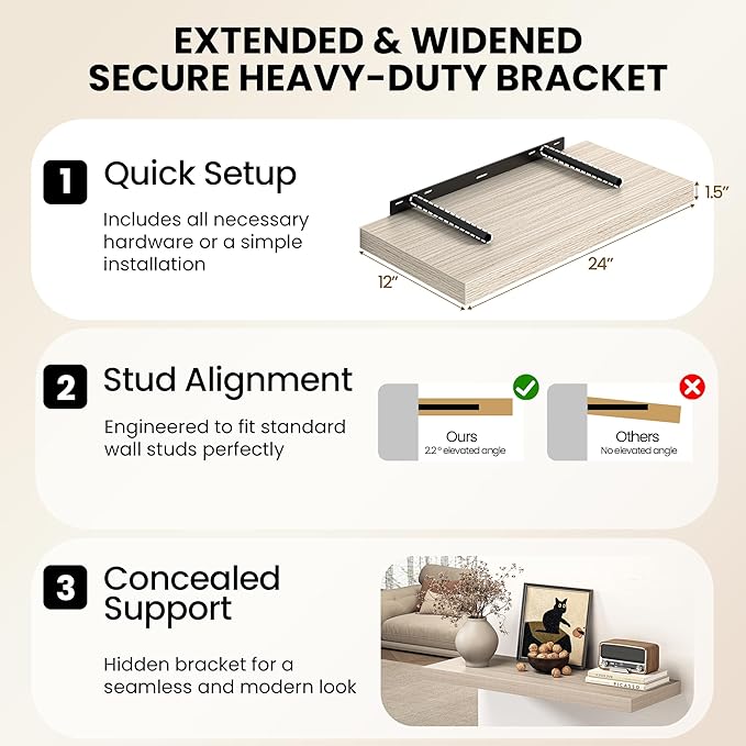 Fun Memories 48 Inch Floating Shelves, 12 Inch Deep Wall Shelves, 48 x 12 Floating Shelf Set of 2, Gray Rustic Wood Floating Shelf Wall Mounted for Large Kitchen Living Room Bedroom Bathroom Storage