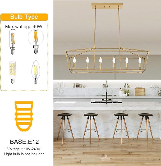 BONLICHT 6 Light Brushed Brass Farmhouse Chandelier for Dining Room, Modern Industrial Foyer Linear Pendant Light Traditional Gold Kitchen Island Lighting Fixture Hanging Ceiling Lights, E12 Base