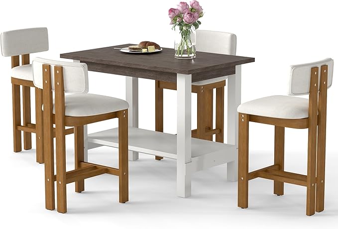 5-Piece Counter Height Dining Table Set for 4, Bar Height Table and 4 Bar Stools for Kitchen Island/Dining Room(Brushed Brown Table & White Barstools)