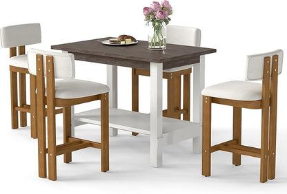 5-Piece Counter Height Dining Table Set for 4, Bar Height Table and 4 Bar Stools for Kitchen Island/Dining Room(Brushed Brown Table & White Barstools)