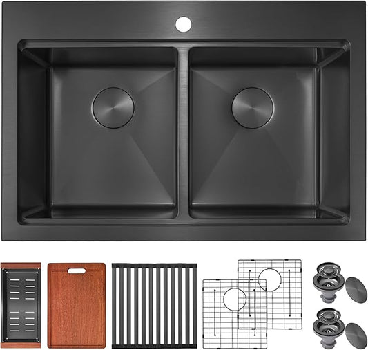 MILOSEN 33 Inch Black Double Bowl Kitchen Sink, 33''x22'' Drop in 16 Gauge T304 Black Stainless Steel Sinks, Workstation Sink 50/50 Topmount Double Basin with Accessories, 10'' Deep and Large Sinks